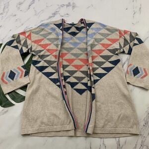 J Jill Cardigan Sweater Size L Gray Blue Open Front Geometric Knit Triangles